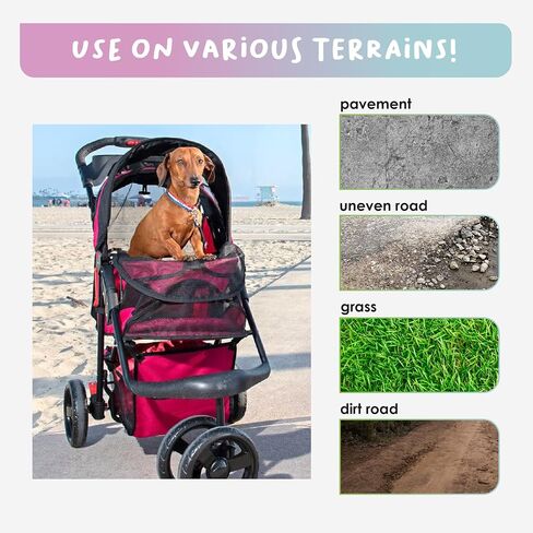 Petique Durable Pet Stroller, Easy Fold, Quality mesh Windows, Large Storage Basket, Secure Cup Holder Tray, for Small to Medium Dog, Cat, Bunny, Supports Pets up to 55LBS - RAZZBERRY in Saudi Arabia