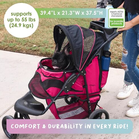 Petique Durable Pet Stroller, Easy Fold, Quality mesh Windows, Large Storage Basket, Secure Cup Holder Tray, for Small to Medium Dog, Cat, Bunny, Supports Pets up to 55LBS - RAZZBERRY in Saudi Arabia