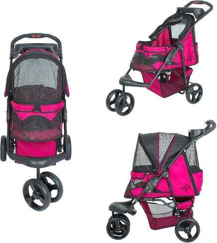 Petique Durable Pet Stroller, Easy Fold, Quality mesh Windows, Large Storage Basket, Secure Cup Holder Tray, for Small to Medium Dog, Cat, Bunny, Supports Pets up to 55LBS - RAZZBERRY in Saudi Arabia
