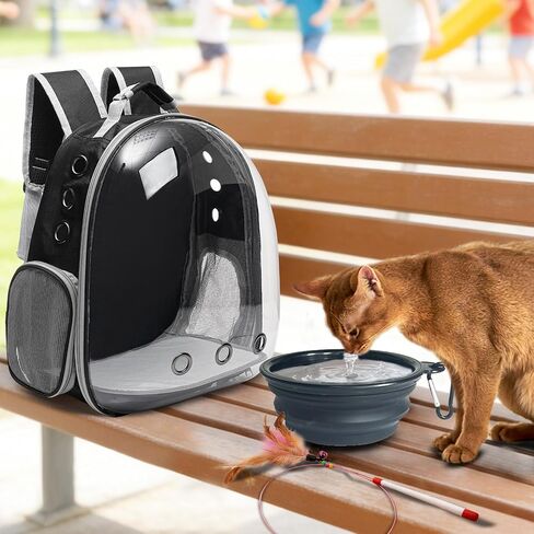 Vivicreate Large Cat Backpack Carrier with Folding Bowl and Teaser Stick for Cats up to 20lbs with Ventilation and Padded Straps Mochila para Gatos transportadora mascotas (Black) in Saudi Arabia