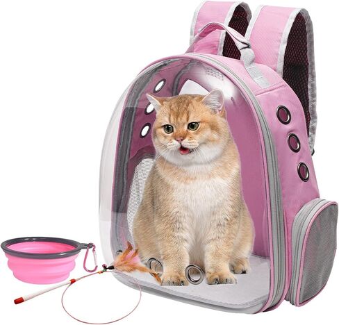 Vivicreate Large Cat Backpack Carrier with Folding Bowl and Teaser Stick for Cats up to 20lbs with Ventilation and Padded Straps Mochila para Gatos transportadora mascotas (Pink) in Saudi Arabia
