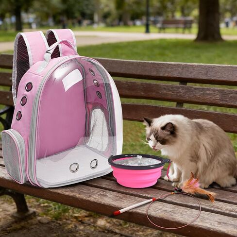 Vivicreate Large Cat Backpack Carrier with Folding Bowl and Teaser Stick for Cats up to 20lbs with Ventilation and Padded Straps Mochila para Gatos transportadora mascotas (Pink) in Saudi Arabia