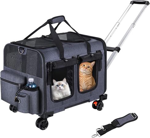 Cat Carrier for 2 Cats,Cat Carrier with Wheels for Cats and Dogs, Foldable Double Pet Carrier, Rolling Dog Carrier with Detachable Wheels and Telescopic Handle,2 Front Zippered Compartments Gray in Saudi Arabia