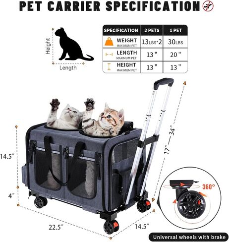 Cat Carrier for 2 Cats,Cat Carrier with Wheels for Cats and Dogs, Foldable Double Pet Carrier, Rolling Dog Carrier with Detachable Wheels and Telescopic Handle,2 Front Zippered Compartments Gray in Saudi Arabia
