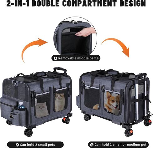 Cat Carrier for 2 Cats,Cat Carrier with Wheels for Cats and Dogs, Foldable Double Pet Carrier, Rolling Dog Carrier with Detachable Wheels and Telescopic Handle,2 Front Zippered Compartments Gray in Saudi Arabia