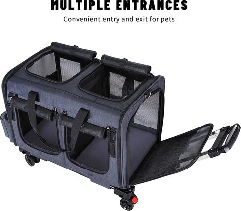Cat Carrier for 2 Cats,Cat Carrier with Wheels for Cats and Dogs, Foldable Double Pet Carrier, Rolling Dog Carrier with Detachable Wheels and Telescopic Handle,2 Front Zippered Compartments Gray in Saudi Arabia