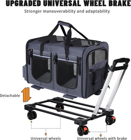 Cat Carrier for 2 Cats,Cat Carrier with Wheels for Cats and Dogs, Foldable Double Pet Carrier, Rolling Dog Carrier with Detachable Wheels and Telescopic Handle,2 Front Zippered Compartments Gray in Saudi Arabia
