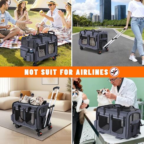 Cat Carrier for 2 Cats,Cat Carrier with Wheels for Cats and Dogs, Foldable Double Pet Carrier, Rolling Dog Carrier with Detachable Wheels and Telescopic Handle,2 Front Zippered Compartments Gray in Saudi Arabia