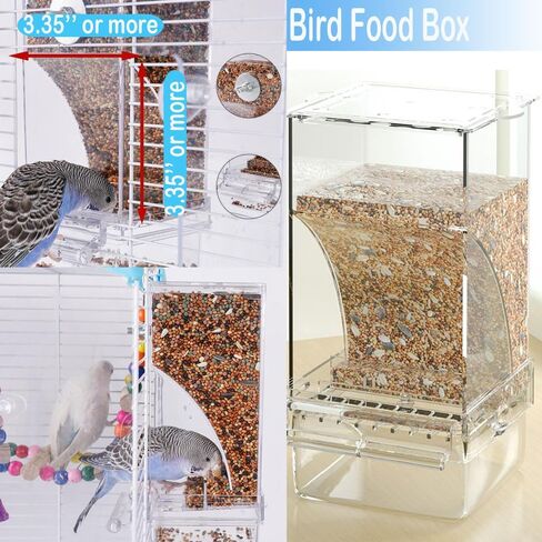 Bird Parrot Feeders, No Mess Automatic Cage Feeder Dispenser Food Container, Auto Bird Seed Bowl for Small Medium Birds, Cockatiel Canary Cockatoos Parakeet Conure Lovebird, Acrylic Clear (Feeder) in Kuwait