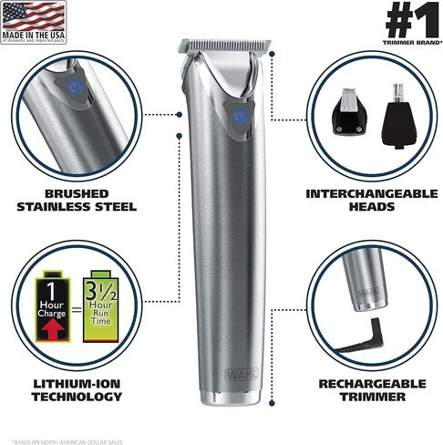 Wahl USA Stainless Steel Lithium-Ion Cordless Beard Trimmer for Men - Rechargeable All in One Men's Beard Trimmer with Rotary Ear & Nose Trimmer, & Detail Trimmer - Model 9818A in Kuwait