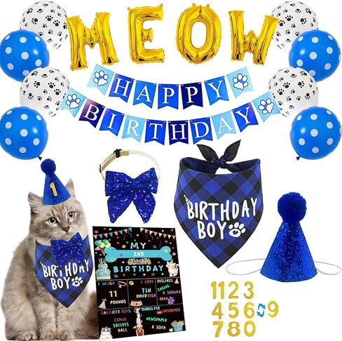 Cat Kitten Birthday Bandanas Cat Birthdays Party Supplies Party Hat Boy with Cat Birthdays Banner Balloons Meow Letter Foil Balloons for Boy Cats Kitten Decorations in Saudi Arabia