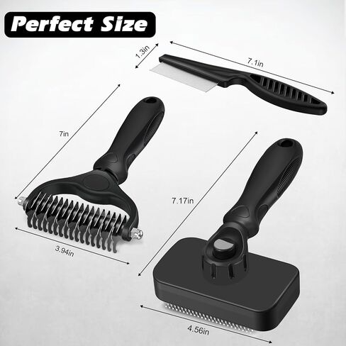 Professional 3PCS Self Cleaning Slicker Brush & Pet Grooming Rake & Flea Comb for Dogs,Cats and Horses | Double-Sided Dematting Comb & Skin Friendly Deshedding Grooming Tool | Pet Supplies (Black) in Kuwait