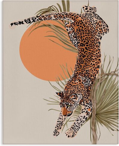 Stupell Industries Jungle Cat Leopard Pounce Orange Sun Palm Leaf, Designed by ROS Ruseva Canvas Wall Art, Beige in Kuwait
