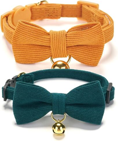 2 Pack Soft Corduroy Cat Collars with Bow Tie & Bell Adjustable Breakaway Bowtie Kitten Collar for Girl Boy Kittens(Orange & Dark Green) in Saudi Arabia
