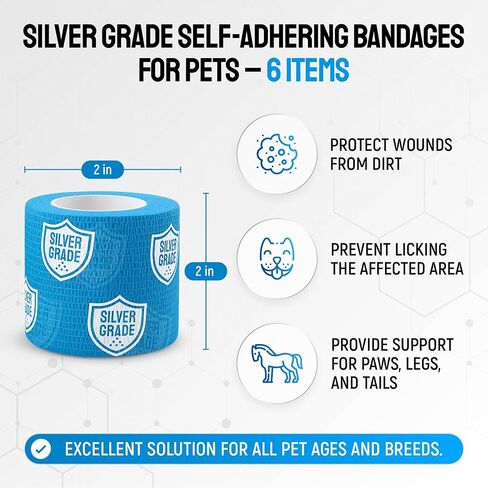 SILVER GRADE Vet Wrap for Horses, Cats, Birds & Other Animals – First Aid Dog Bandages for Wounds to Stop Licking & Scratching – 6 Rolls of Elastic Self-Adhering Bandages with Natural Rubber Latex in Kuwait