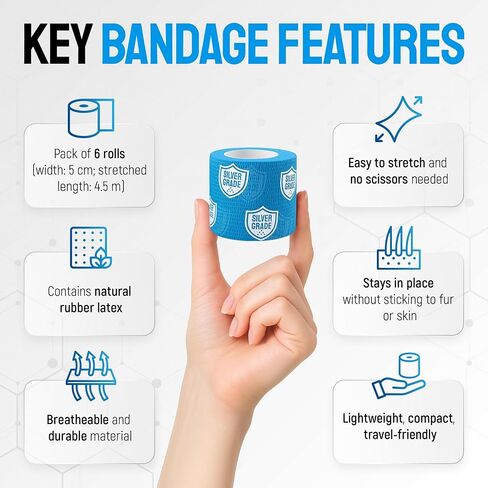 SILVER GRADE Vet Wrap for Horses, Cats, Birds & Other Animals – First Aid Dog Bandages for Wounds to Stop Licking & Scratching – 6 Rolls of Elastic Self-Adhering Bandages with Natural Rubber Latex in Kuwait