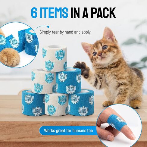 SILVER GRADE Vet Wrap for Horses, Cats, Birds & Other Animals – First Aid Dog Bandages for Wounds to Stop Licking & Scratching – 6 Rolls of Elastic Self-Adhering Bandages with Natural Rubber Latex in Kuwait