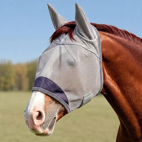 Horse Fly Mask with Ears - UV Protection Fine Mesh Super Comfort Fly Masks for Horses, Adjustable Breathability Horses Masks, Pony Equine Fly Mask for Miniature Foal Draft Cob Srabian Full (Gray, L) in Saudi Arabia