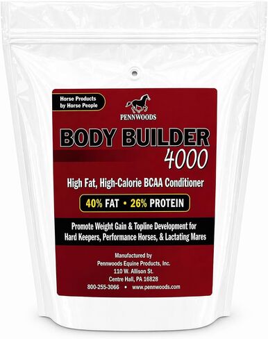 Pennwoods Body Builder 4000، مكمل لزيادة وزن الحصان، منشئ وزن الحصان عالي الدهون والطاقة مع فيتامينات الحصان المرطبة للجسم، يحسن جودة الحافر - حقيبة 25 رطل in Kuwait