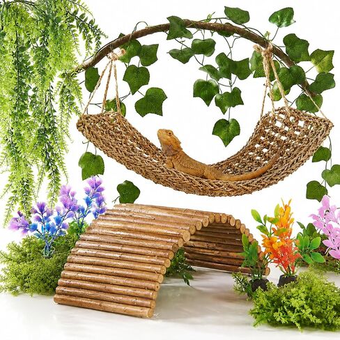 Bearded Dragon Tank Accessories, Reptile Mat Hammock Plants Bridge Jungle Climber Vines for Leopard Gecko Hermit Crab Lizard Snak (Bearded Dragon Tank Accessories (9 Piece)) in Kuwait