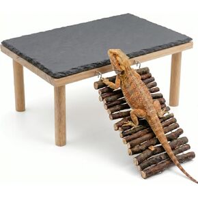 Bearded Dragon Basking Platform, Natural Slate Reptile Basking Rock with Wooden Climbing Ramp, Terrarium Habitat Decor for Lizard, Leopard Gecko, Tortoise, Snake in Kuwait