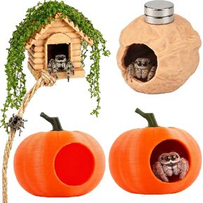 4 Pack Jumping Spider Enclosure Accessories Jumping Spider Hide with Pumpkin Walnut Spider Hide, Spider House with Climbing Rope Magnetic Spider Enclosure Decor for Spider Terrarium in Saudi Arabia