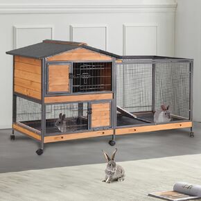 Wooden Rabbit Hutch Indoor and Outdoor, Rabbit Cage with Removable Wire Netting and Leak Proof Tray, Mobile Bunny Cage with Wheels (Grey) in Kuwait