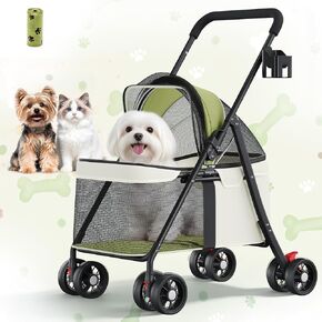 GTPLAYER Foldable Pet Stroller for Small Dogs and Cats, Holds Up to 33 lb, 4-Wheel Stroller with 2 Safety Tethers, Breathable Mesh, Lockable Front Wheels, Cup Holder/Tray & Storage Pocket, Green in Kuwait
