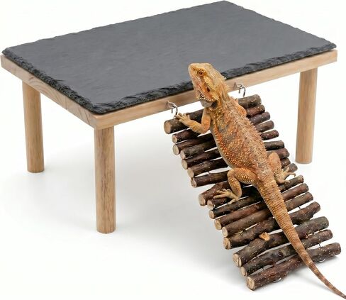 Bearded Dragon Basking Platform, Natural Slate Reptile Basking Rock with Wooden Climbing Ramp, Terrarium Habitat Decor for Lizard, Leopard Gecko, Tortoise, Snake in Kuwait