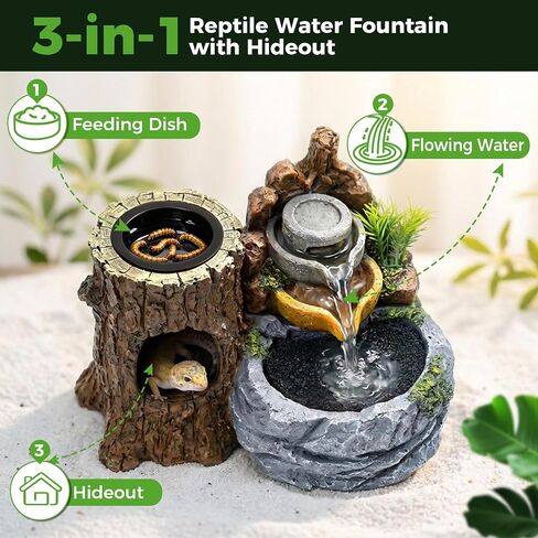 3-in-1 Reptile Water Fountain 550ML with Food Dish & Hideout in Kuwait