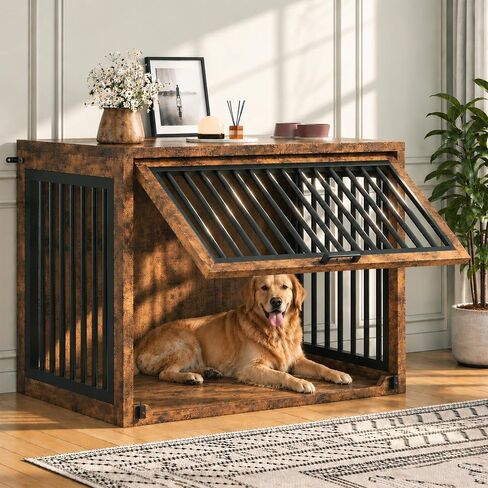 Jocoevol Dog Crate Furniture - 42'' Wooden Dog Kennel for Large Dogs up to 80 lb, Large Dog Crate with Hidden Sliding Door, Heavy Duty Dog Cage with Safety Latch and Quiet Pads, Rustic in Saudi Arabia