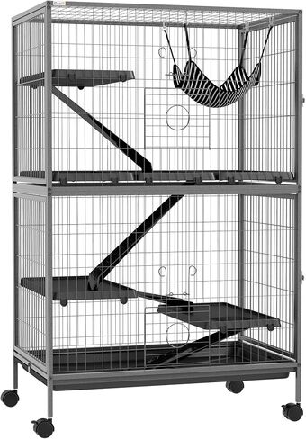 PawHut Metal Small Animal Cage, 4-Tiers Rolling Big Ferret Cage, Gray in Kuwait