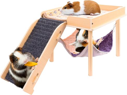 BESNEW Enlarged Guinea Pig Hammock with Wooden Stand,Small Animal Hanging Bed Large Platform for Guinea Pigs Bunny Ferret Hamster Hiding Sleeping 13L x 13W x 11H in in Kuwait