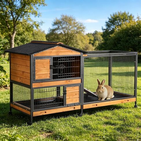 Bunny Cage Indoor and Outdoor Rabbit Hutch with Casters Waterproof Roof, Pull Out Tray from Back and Front 61.2" L x 22.6" W x 33.5" H in Kuwait