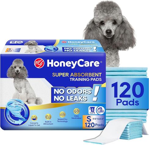 Honey Care All-Absorb, Small 17.5" x 23.5", 120 Count, Dog and Puppy Training Pads, Ultra Absorbent and Odor Eliminating, Leak-Proof 5-Layer Potty Training Pads with Quick-Dry Surface, Blue, A05 in Kuwait