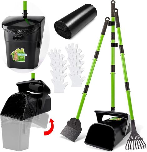 LANNEY Pooper Scooper - 38" Long Adjustable Metal Handle Dog Pooper Scooper Swivel Bin & Rake & Spade with 50 Bags Attachment, Portable Heavy Duty Dog Poop Scooper for Yard Dogs Large Medium Small in Kuwait