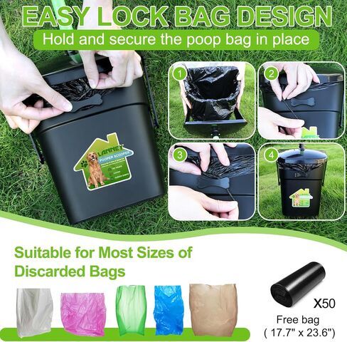 LANNEY Pooper Scooper - 38" Long Adjustable Metal Handle Dog Pooper Scooper Swivel Bin & Rake & Spade with 50 Bags Attachment, Portable Heavy Duty Dog Poop Scooper for Yard Dogs Large Medium Small in Kuwait