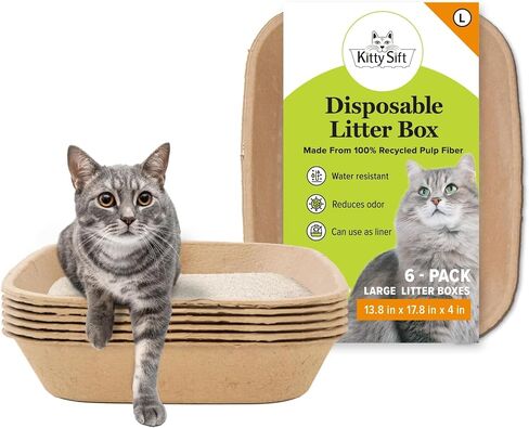 Kitty Sift Disposable Cat Litter Box Large, 6 Count, Durable Portable for Travel and Home, Eco-Friendly Disposable Litter Box Controls Odor in Kuwait