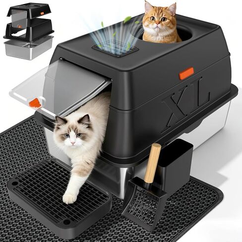 XL Enclosed Stainless Steel Litter Box with Lid,Black in Saudi Arabia