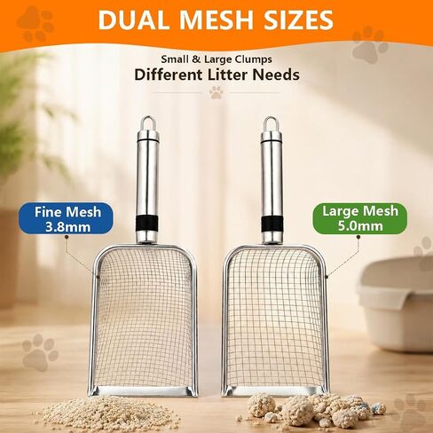 Cat Litter Scoop 2 Pack, Stainless Steel Handle, 3.8mm & 5mm Mesh Sifter in Kuwait