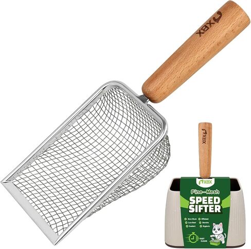 XBX Cat Litter Scoop with Holder – Metal Mesh Litter Scooper, Wooden Handle Fine Litter Scoop with Small Holes for Litter Box, Efficient Sifting and Easy Cleaning in Kuwait