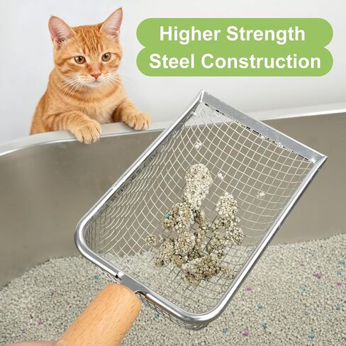XBX Cat Litter Scoop with Holder – Metal Mesh Litter Scooper, Wooden Handle Fine Litter Scoop with Small Holes for Litter Box, Efficient Sifting and Easy Cleaning in Kuwait