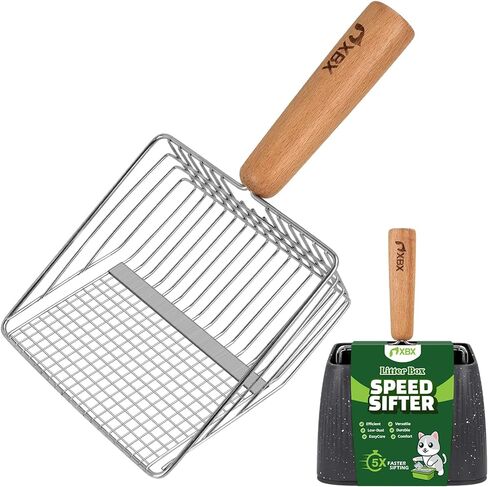 XBX Cat Litter Scoop with Holder, Heavy Duty Litter Sifter, Stainless Steel Litter Shovel, Litter Scooper with Beech Wood Grip and Washable Stand, Perfect for Cat Litter Box Cleaning in Kuwait
