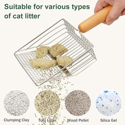 XBX Cat Litter Scoop with Holder, Heavy Duty Litter Sifter, Stainless Steel Litter Shovel, Litter Scooper with Beech Wood Grip and Washable Stand, Perfect for Cat Litter Box Cleaning in Kuwait