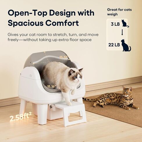 PetPivot Open Top Self Cleaning Cat Litter Box, Automatic Litter Box with 7 Pairs of Safety Sensors, Anti-Pinch Protection and Easy Access Step for Senior Cats, White Grey in Saudi Arabia