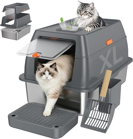 XL Enclosed Stainless Steel Litter Box with Lid,Covered,Light Gray in Saudi Arabia