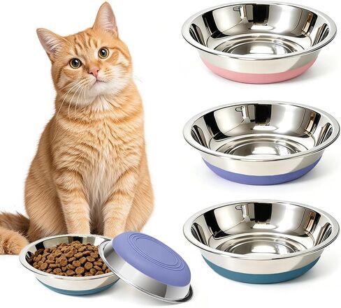 3 Pack Stainless Steel Cat Bowls, Cat Dishes Whisker Friendly with Non-Slip Silicone Bottom, Easy to Clean, 5.5" Shallow Wide Cat Food and Water Feeding Bowl for Indoor Outdoor Cats in Saudi Arabia