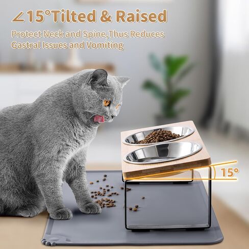 Upgraded Elevated Cat Bowls with Food Mat,15°Tilted Stand Anti Vomiting Raised Cat Dishes for Food and Water,2 Stainless Steel Bowls for Cats and Puppy in Kuwait