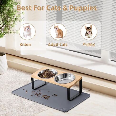 Upgraded Elevated Cat Bowls with Food Mat,15°Tilted Stand Anti Vomiting Raised Cat Dishes for Food and Water,2 Stainless Steel Bowls for Cats and Puppy in Kuwait