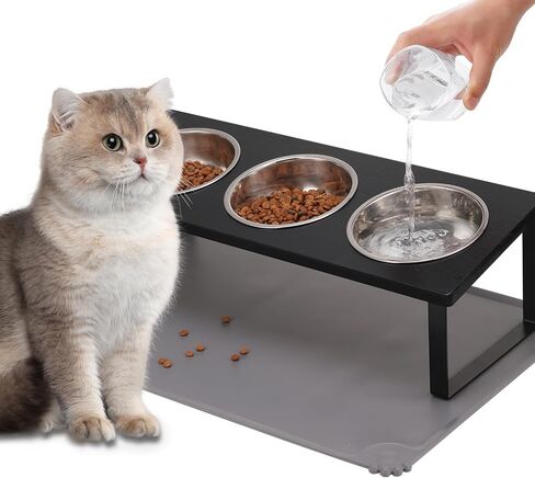 Upgraded Elevated Cat Bowls with Food Mat,15°Tilted Stand Anti Vomiting Raised Cat Dishes for Food and Water,2 Stainless Steel Bowls for Cats and Puppy in Kuwait